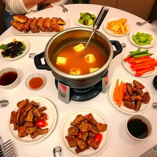 Classic Beef Fondue Recipe A fondue pot with simmering broth or oil, surrounded by plates of beef cubes, vegetables, and dipping sauces on a rustic table.